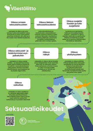 Seksuaalioikeudet Oikeus omaan seksuaalisuuteen, oikeus tietoon seksuaalisuudesta, oikeus suojella itseään ja tulla suojelluksi, oikeus seksuaali- ja lisääntymisterveyspalveluihin, oikeus näkyä, oikeus yksityisyyteen ja oikeus vaikuttaa. 